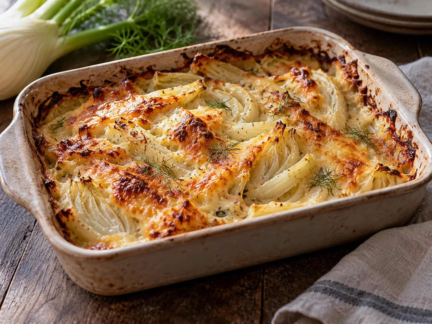 Gratin de fenouil au reblochon doré dans un plat en céramique