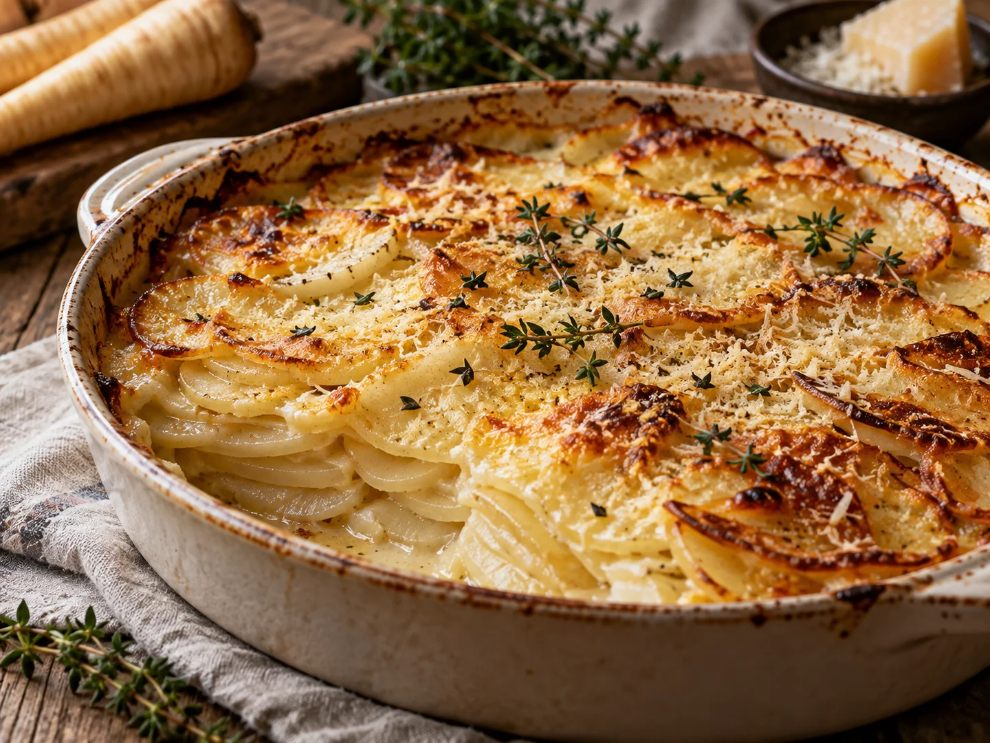 Gratin de panais au thym et parmesan