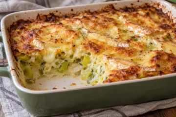Gratin de poireaux crémeux couvert de reblochon doré dans un plat rectangulaire