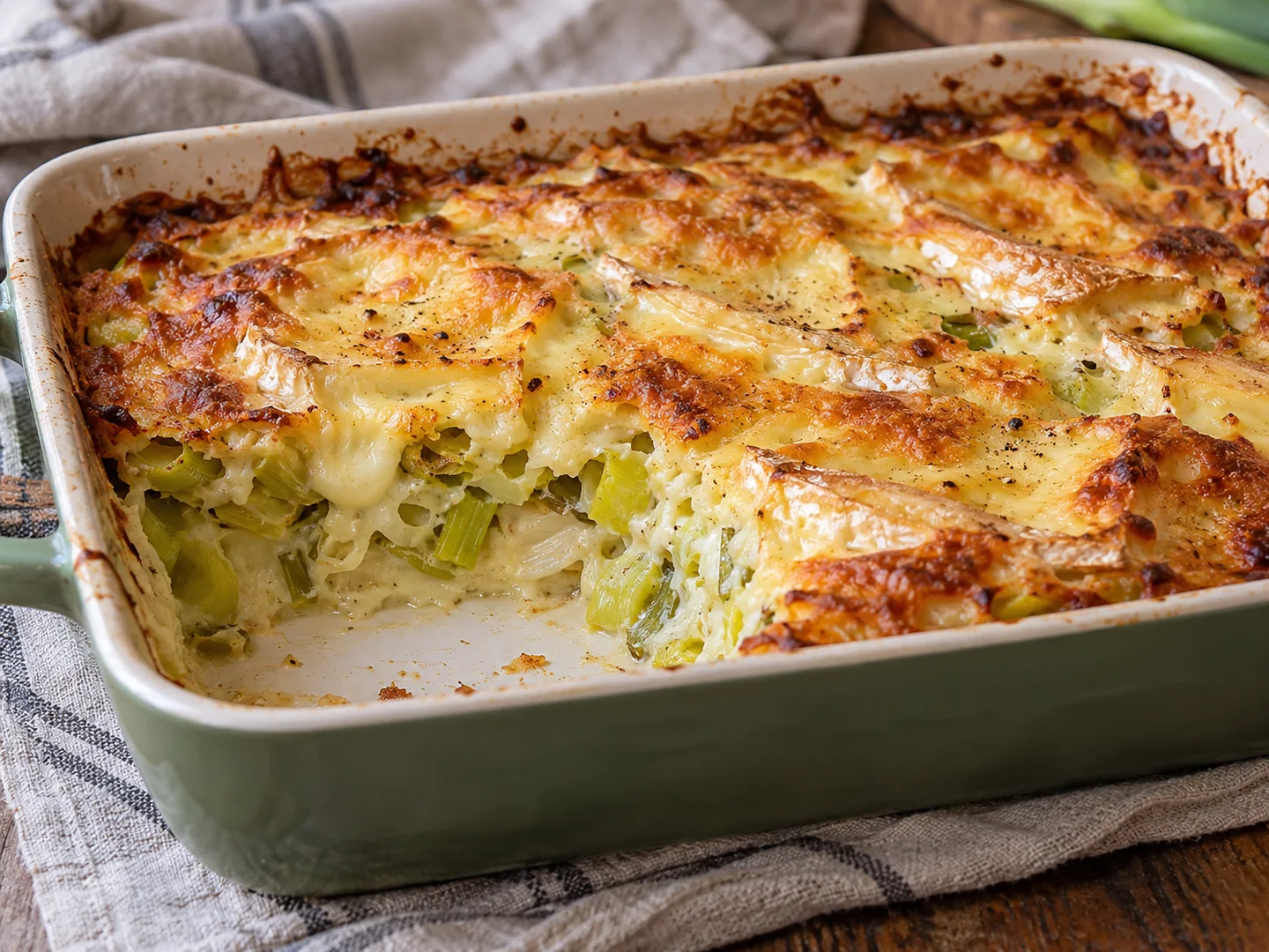 Gratin de poireaux crémeux couvert de reblochon doré dans un plat rectangulaire