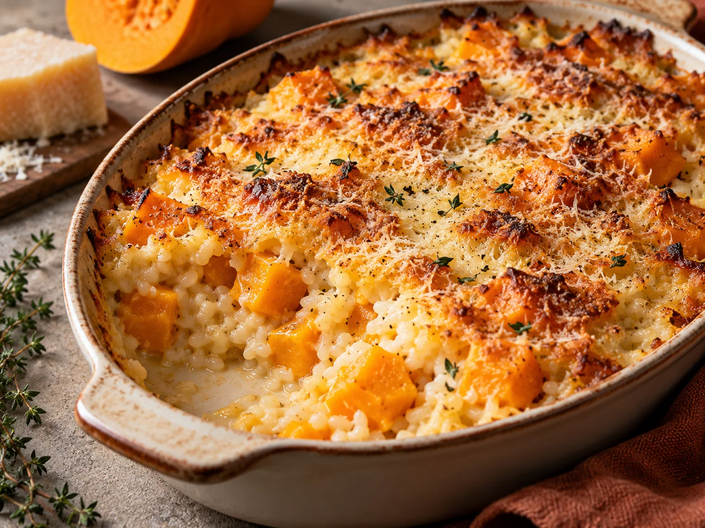Gratin de riz, courge et parmesan