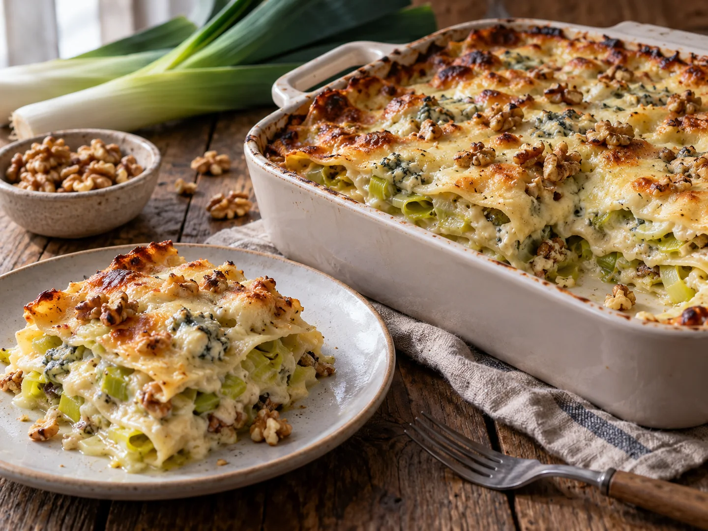 Lasagnes au fromage bleu et noix