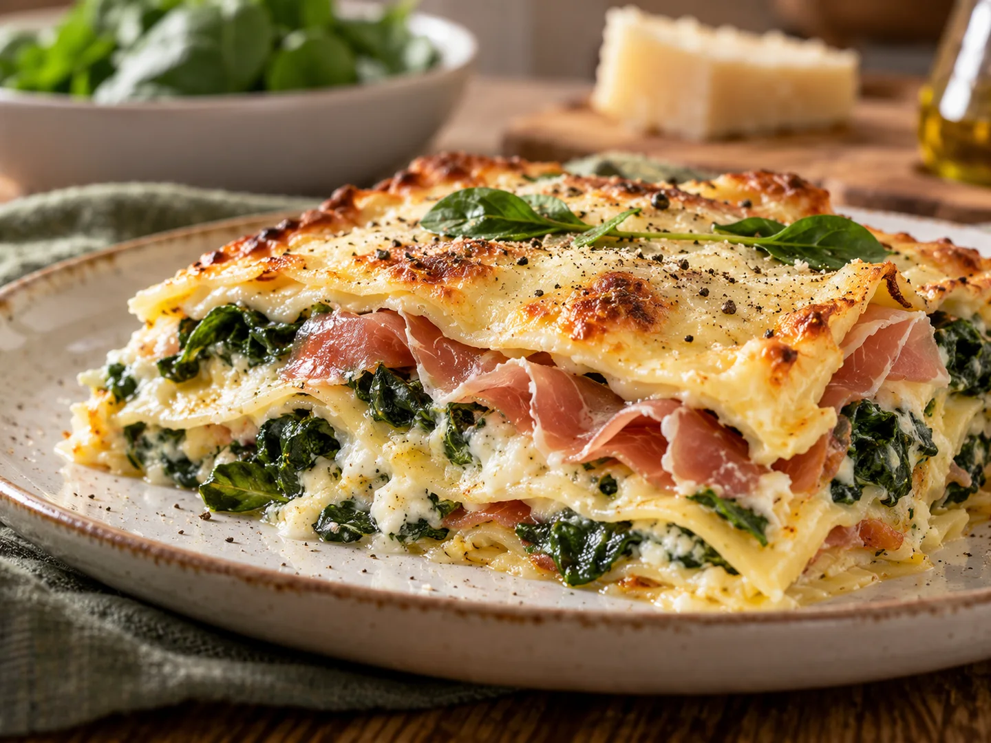 Part de lasagnes au jambon cru, ricotta et Ã©pinards