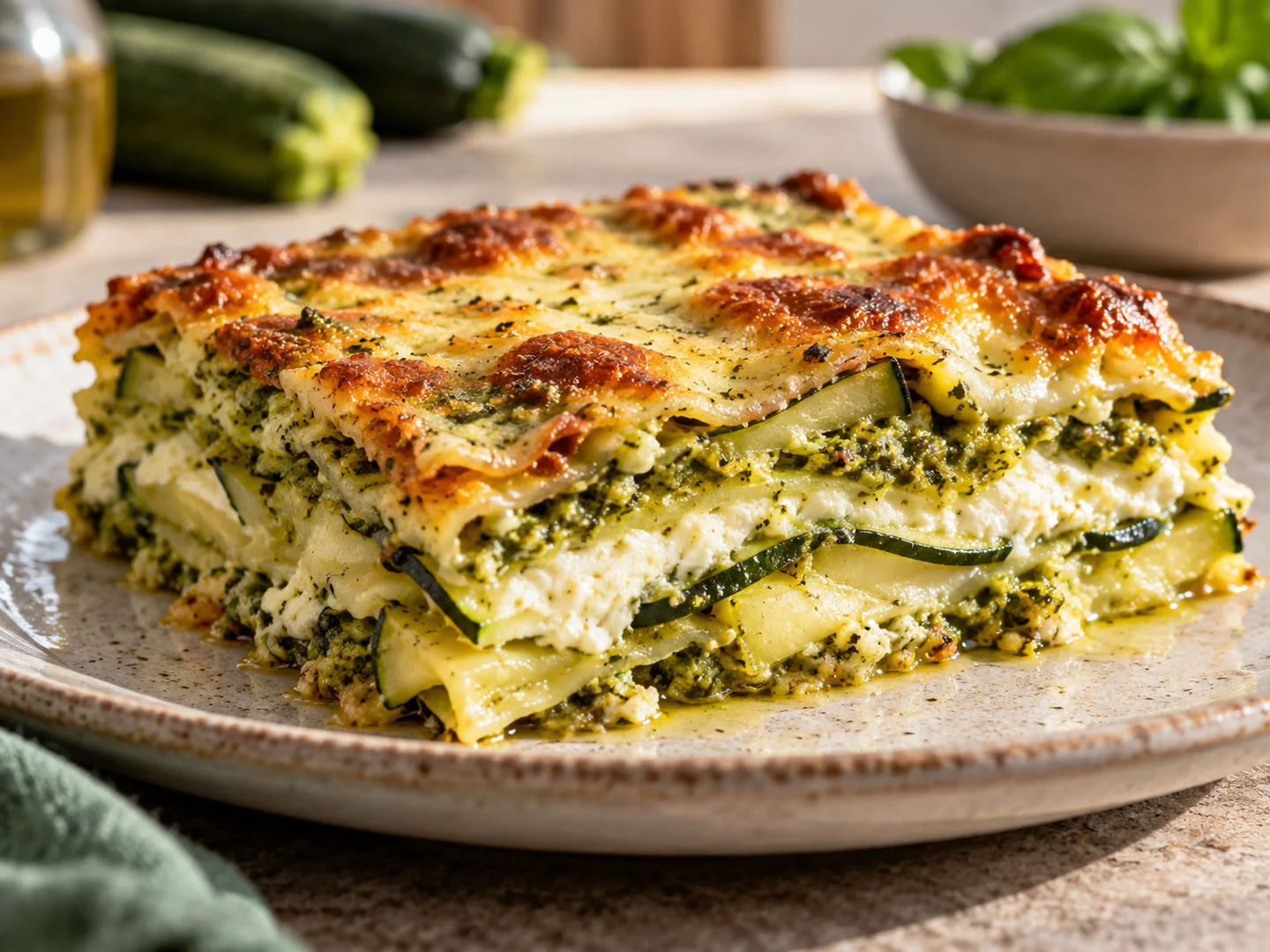 Part de lasagnes au pesto, ricotta et courgettes