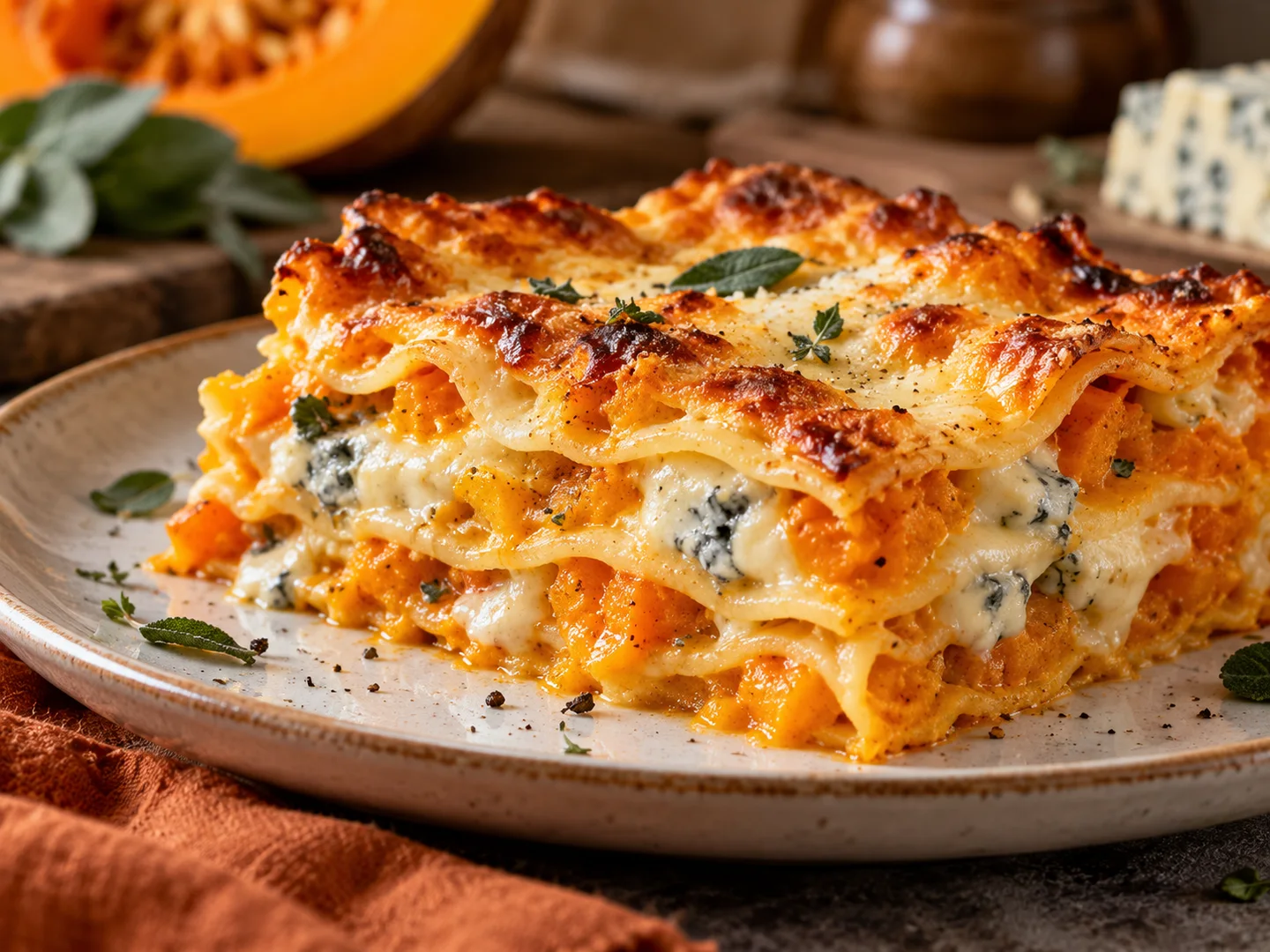Part de lasagnes au potiron et gorgonzola