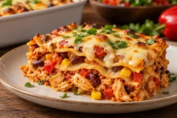 Part de lasagnes au poulet, poivrons et haricots rouges