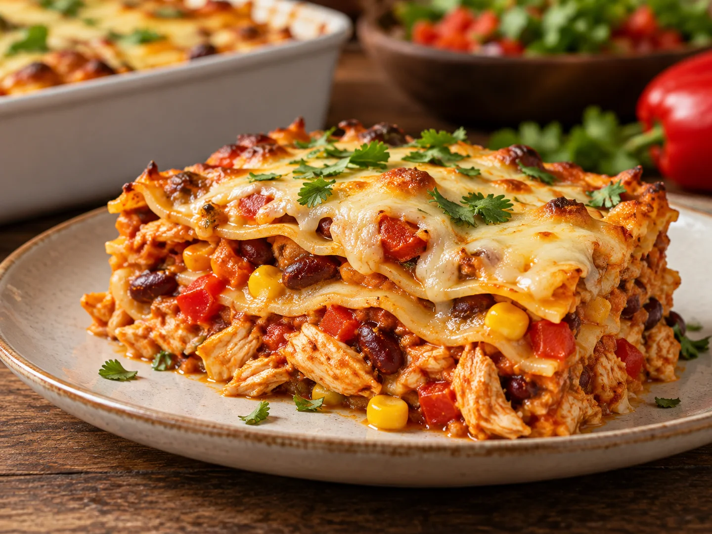 Part de lasagnes au poulet, poivrons et haricots rouges