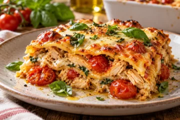 Part de lasagnes au poulet et tomates cerises