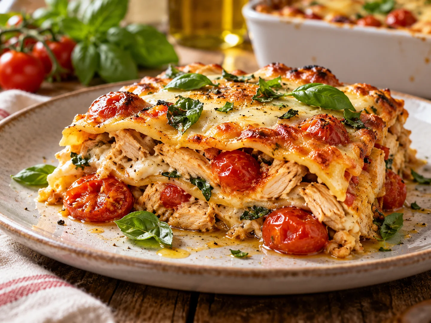 Part de lasagnes au poulet et tomates cerises