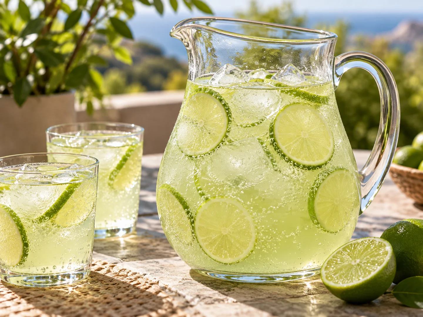 Pichet de limonade au citron vert avec bulles et glaÃ§ons