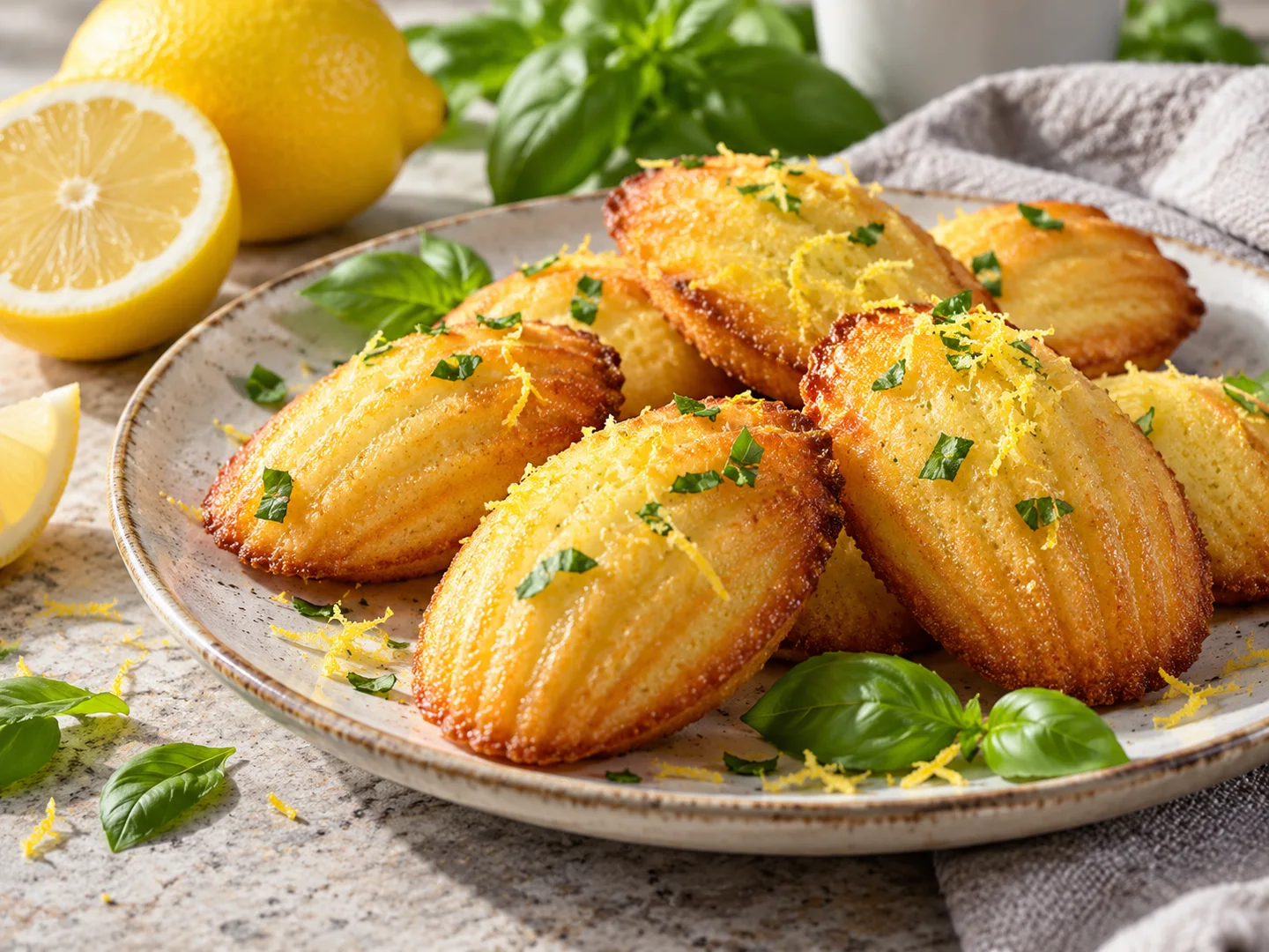 Madeleines au citron avec fins Ã©clats de basilic