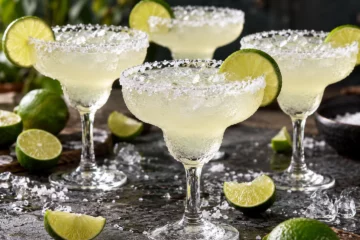 Margaritas au citron vert dans quatre verres partiellement givrÃ©s de sel
