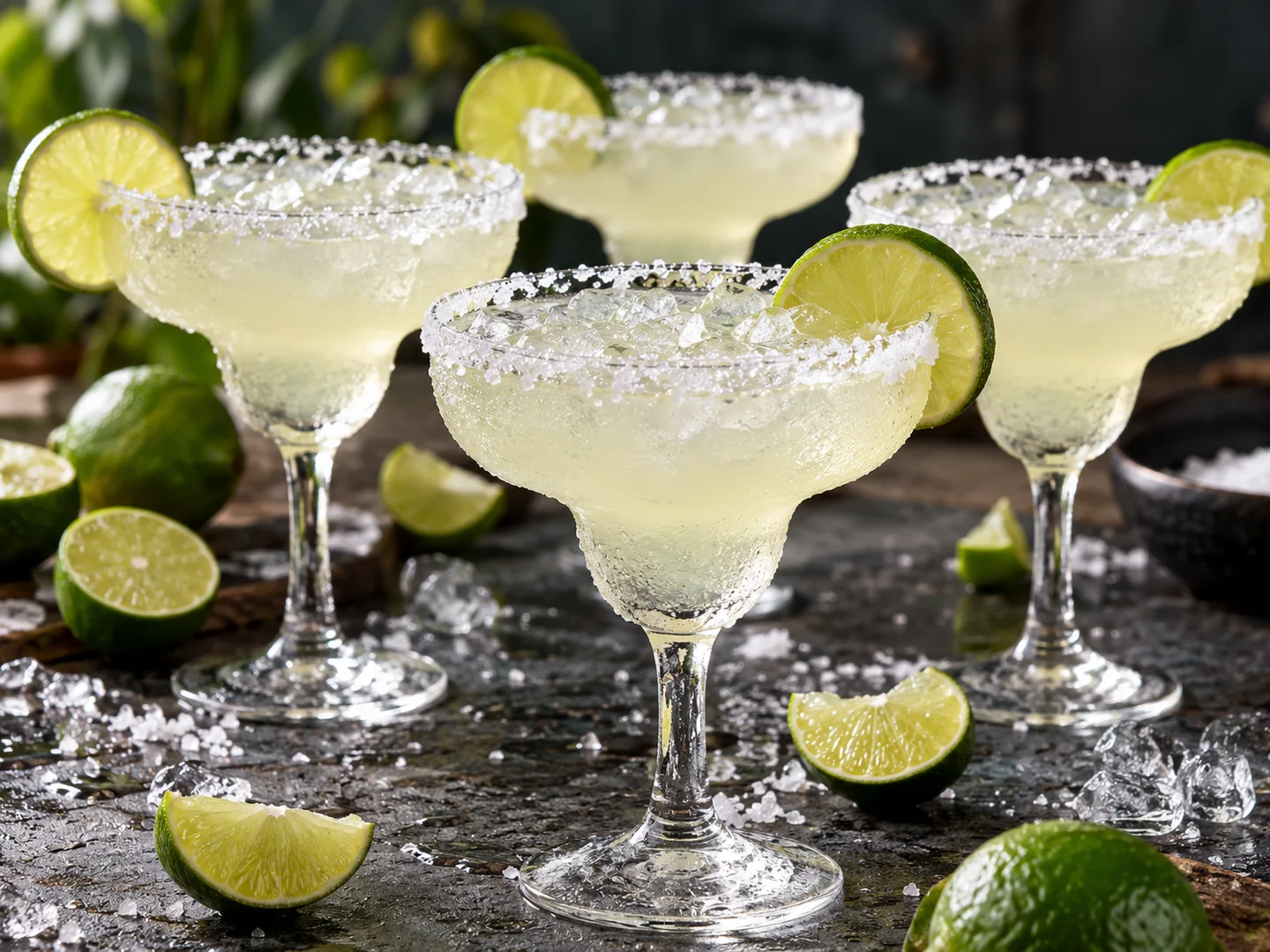 Margaritas au citron vert dans quatre verres partiellement givrÃ©s de sel
