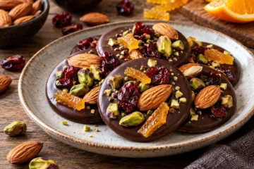 Mendiants en chocolat noir garnis de fruits secs et orange confite