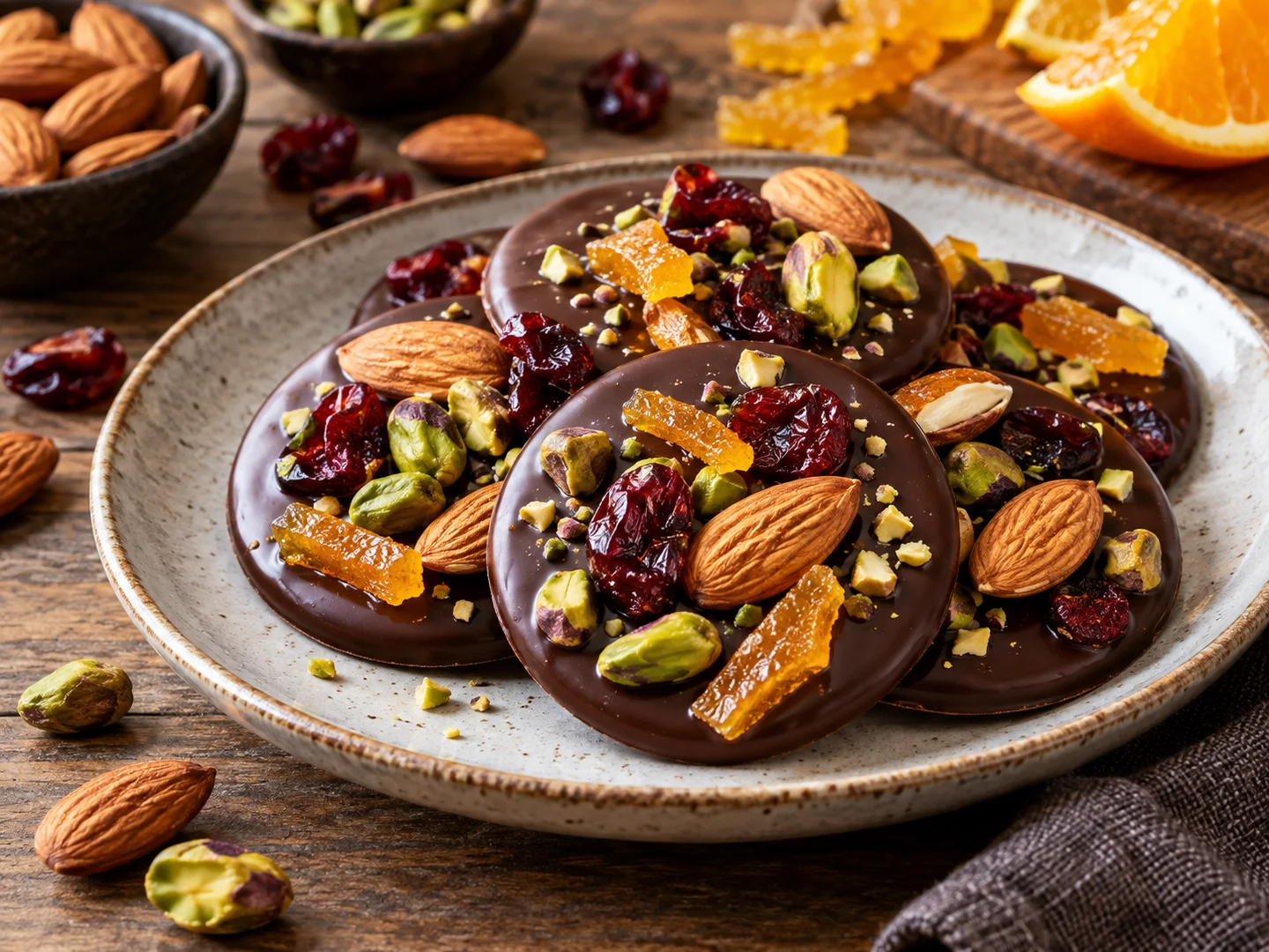 Mendiants en chocolat noir garnis de fruits secs et orange confite