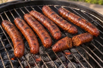 Huit merguez dorées sur une grille de barbecue au-dessus de braises sans flammes