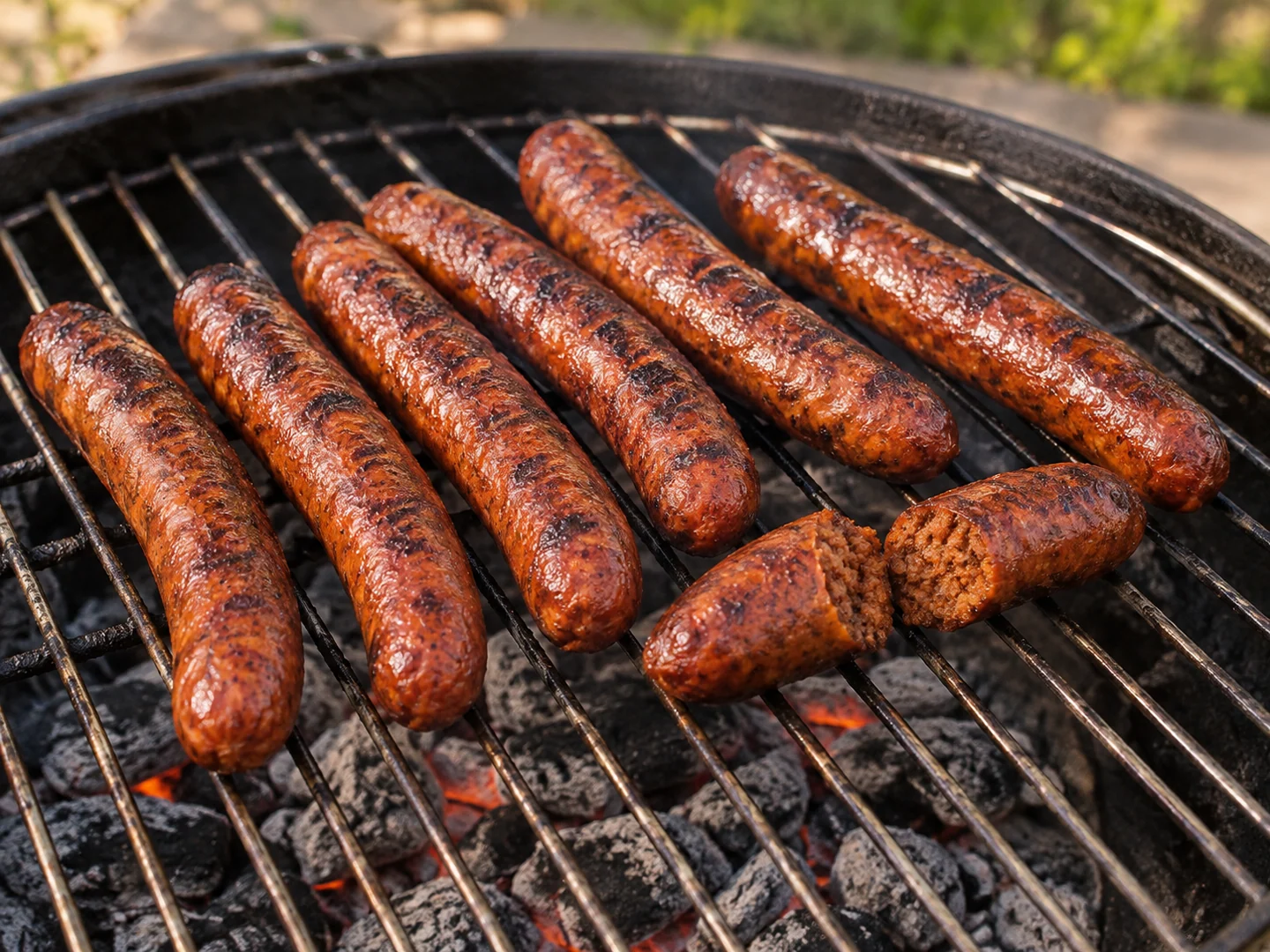 Huit merguez dorées sur une grille de barbecue au-dessus de braises sans flammes