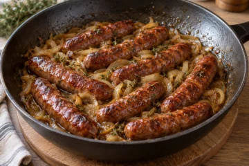 Merguez dorées avec oignons fondants dans une sauce courte au cidre et au thym