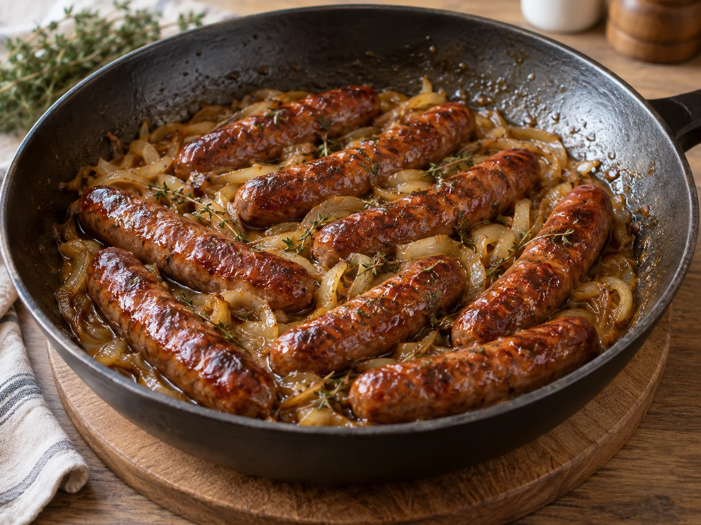 Merguez dorées avec oignons fondants dans une sauce courte au cidre et au thym