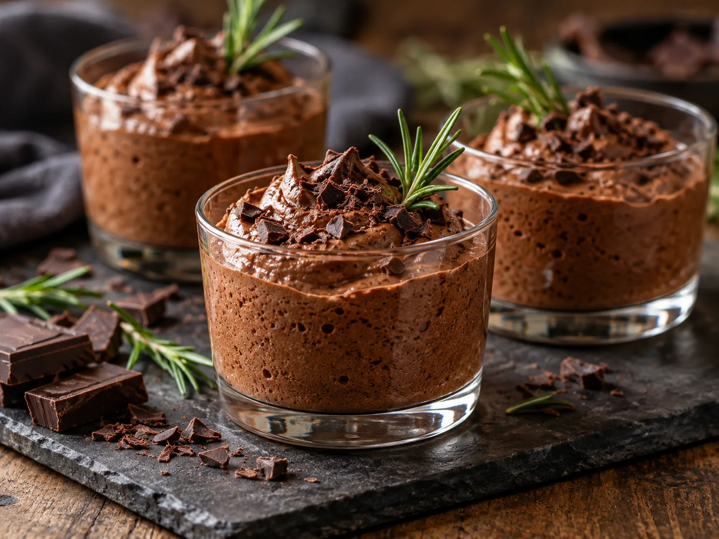 Mousse au chocolat avec petite branche de romarin