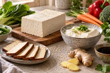 Assortiment de tofu ferme, fumé et soyeux avec condiments et légumes sur un plan de travail