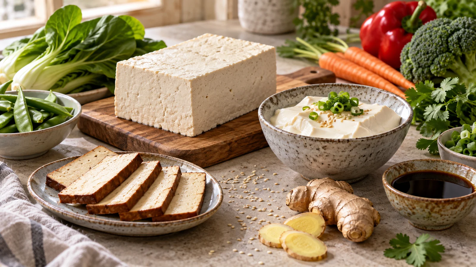 Assortiment de tofu ferme, fumé et soyeux avec condiments et légumes sur un plan de travail