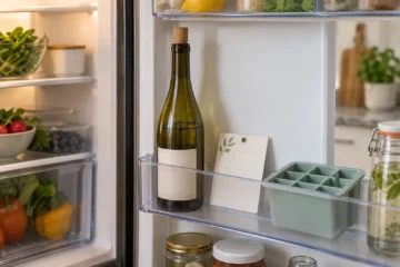 Bouteille de vin rebouchée dans la porte d'un réfrigérateur avec bac à glaçons
