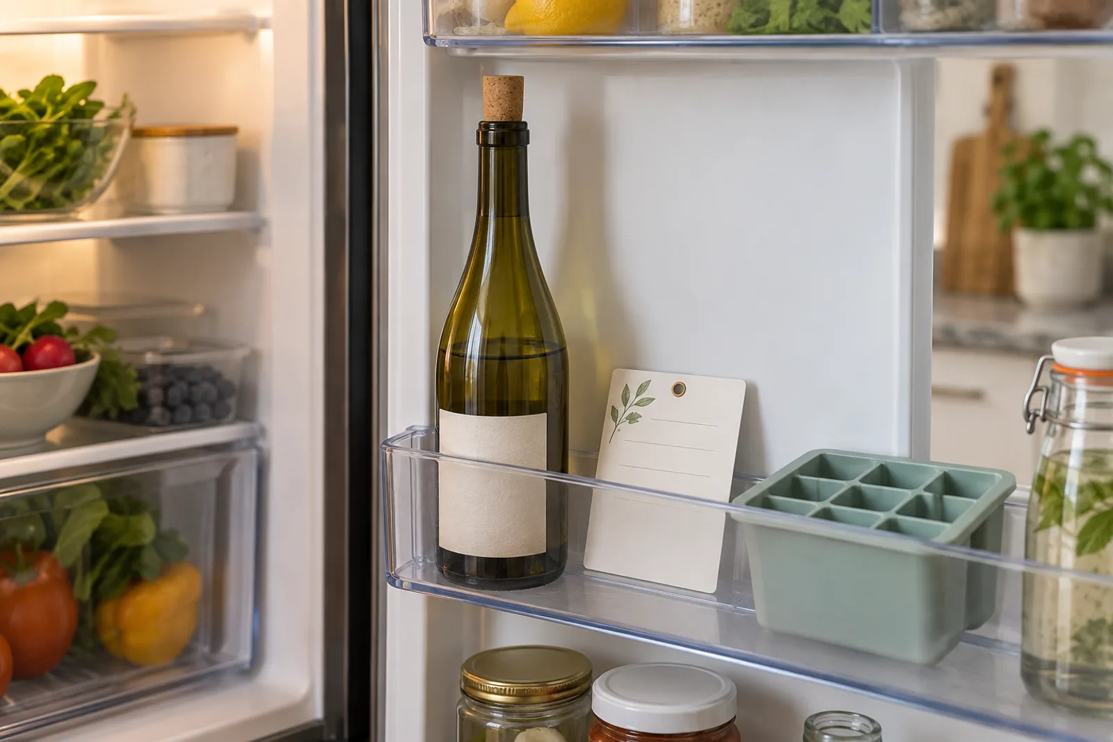 Bouteille de vin rebouchée dans la porte d'un réfrigérateur avec bac à glaçons