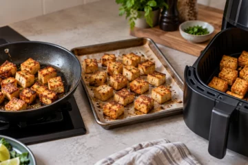 Tofu croustillant préparé à la poêle, au four et à l’air fryer dans trois zones comparatives