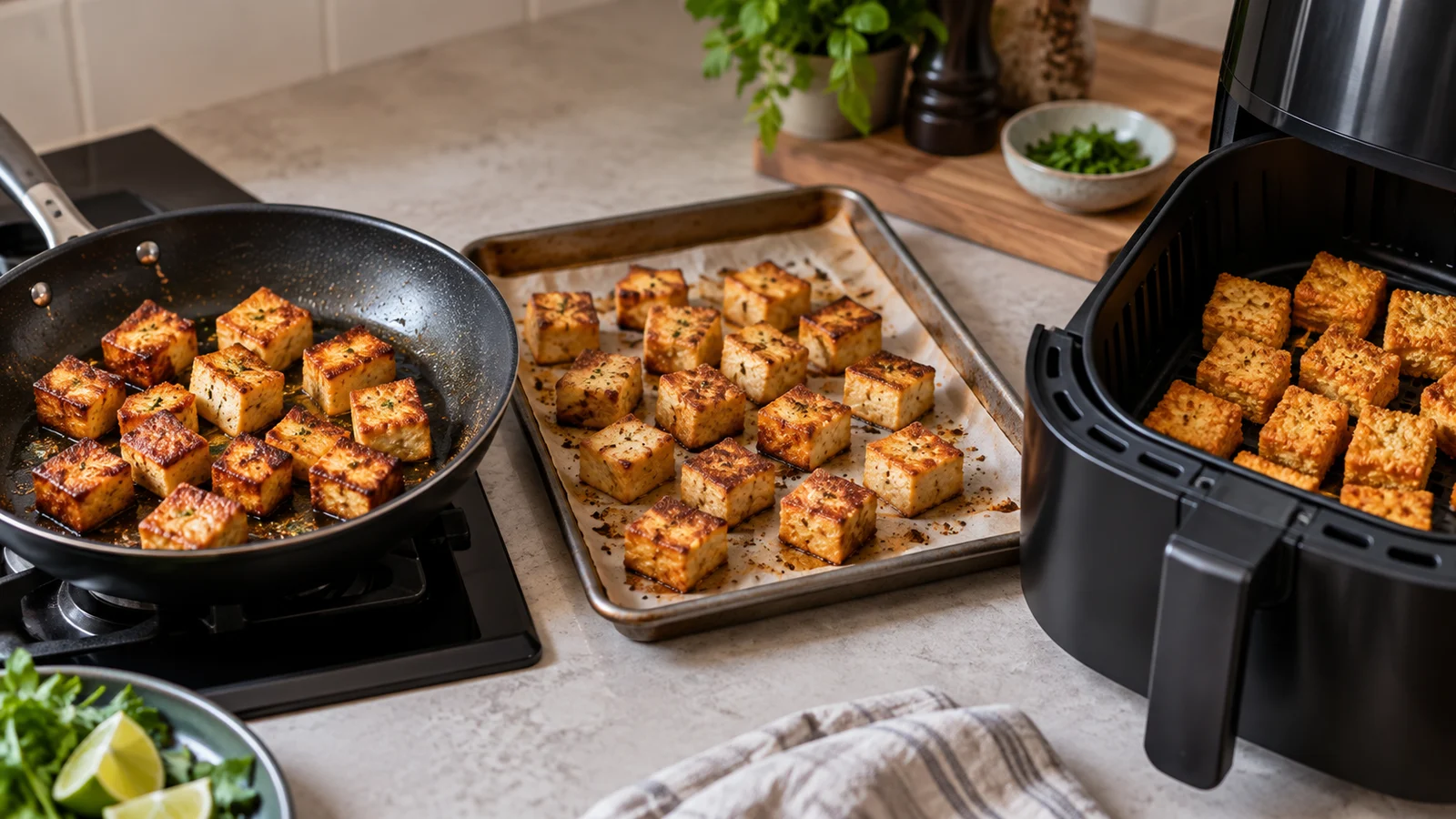 Tofu croustillant préparé à la poêle, au four et à l’air fryer dans trois zones comparatives