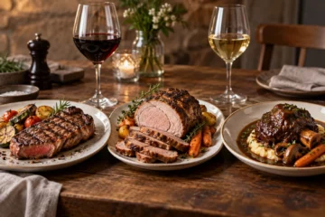 Viandes grillée, rôtie et braisée servies avec des verres de vin rouge et blanc