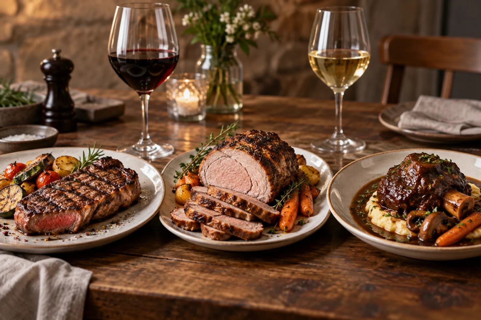 Viandes grillée, rôtie et braisée servies avec des verres de vin rouge et blanc