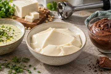 Tofu soyeux mixé en crème avec bols salé et sucré à côté