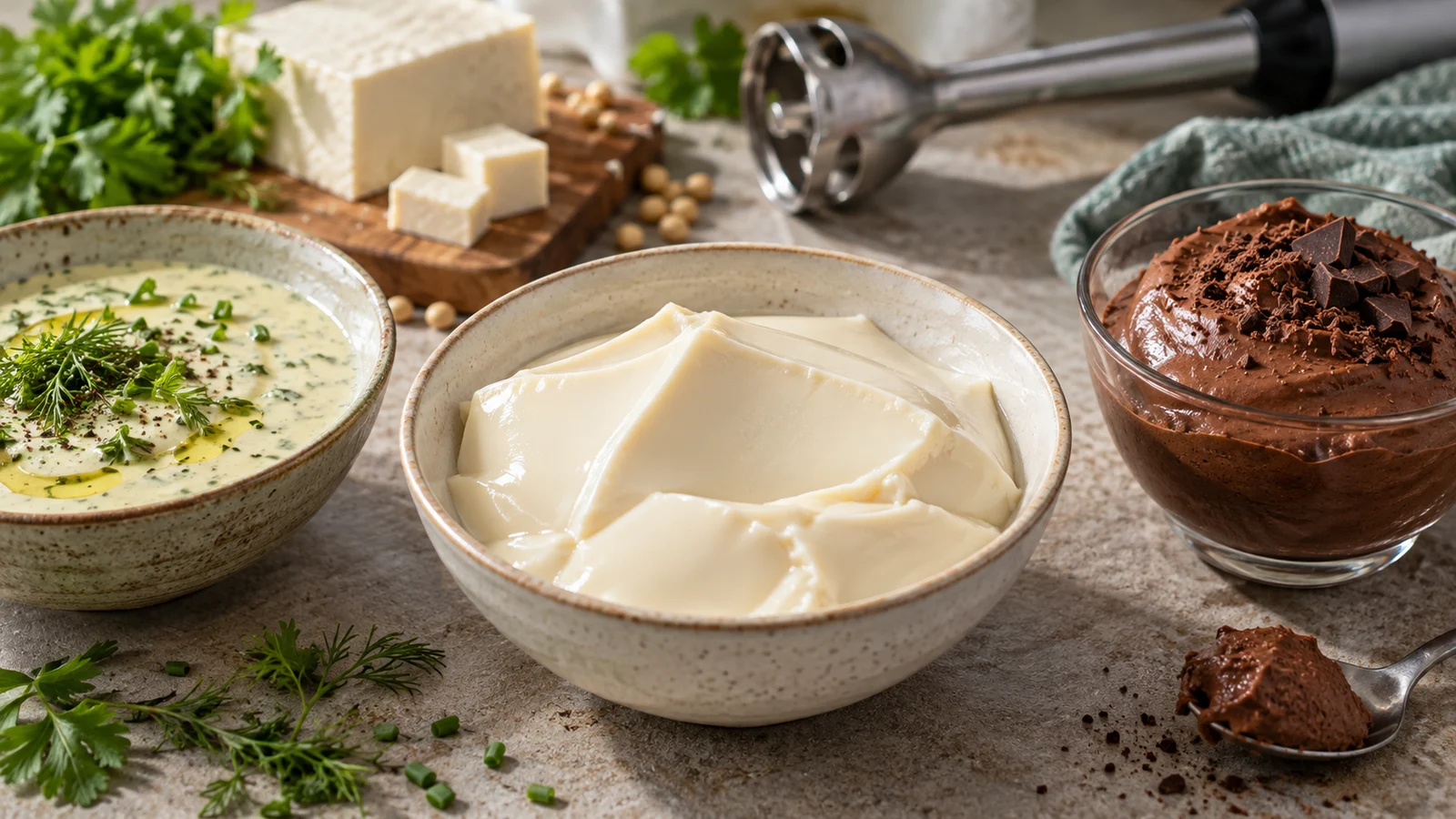 Tofu soyeux mixé en crème avec bols salé et sucré à côté