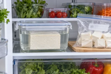 Tofu ouvert rangé dans un récipient fermé au réfrigérateur et portions congelées étiquetées