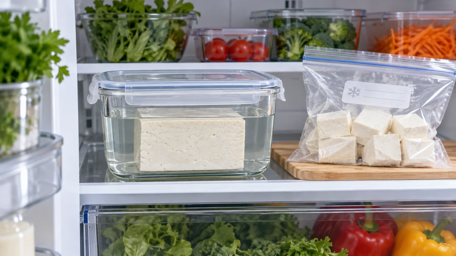 Tofu ouvert rangé dans un récipient fermé au réfrigérateur et portions congelées étiquetées