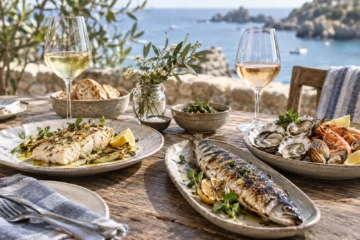 Poisson blanc, poisson grillé et fruits de mer avec deux styles de vin clair