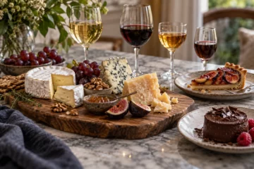 Fromages, tarte aux fruits et dessert chocolaté avec plusieurs styles de vin