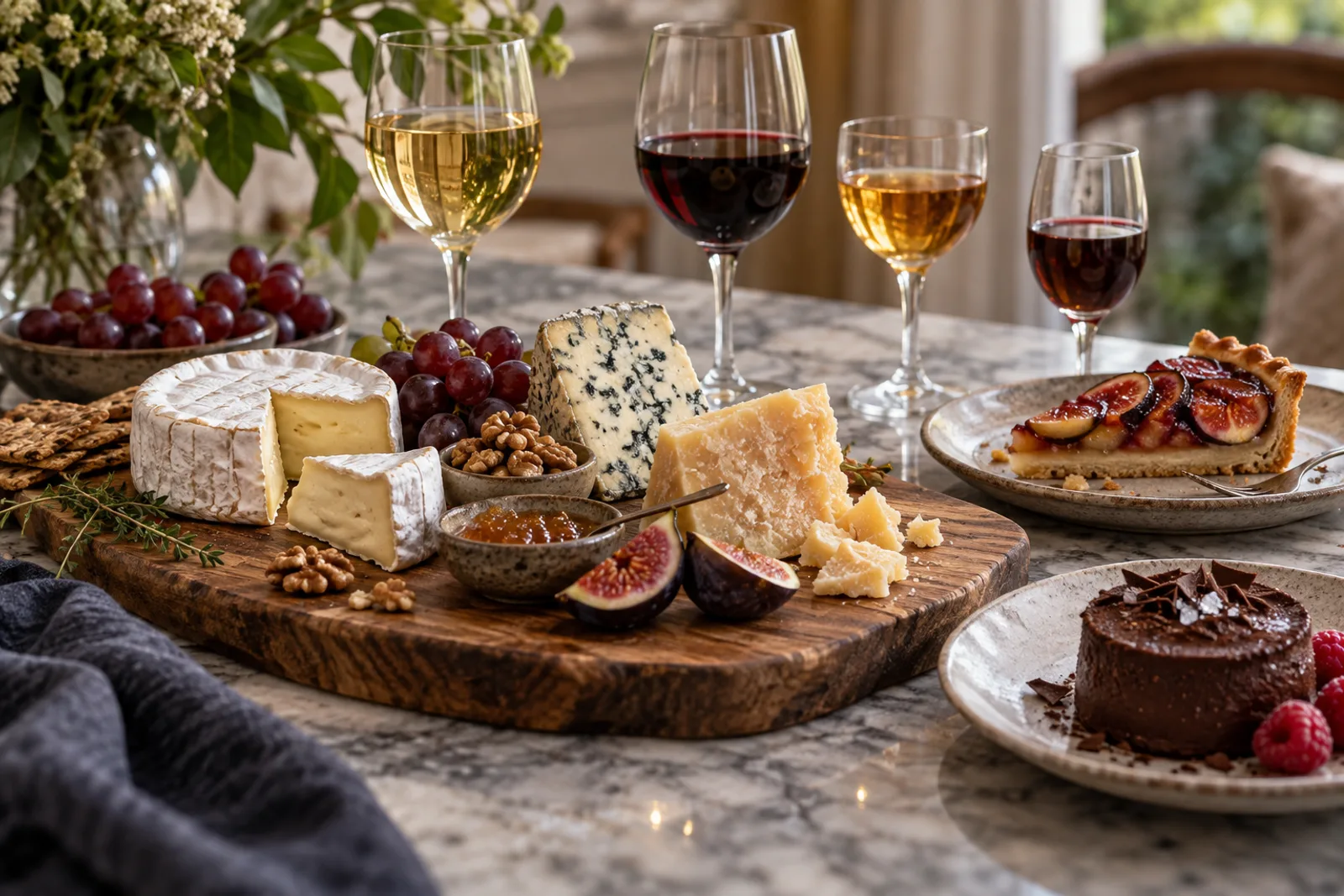Fromages, tarte aux fruits et dessert chocolaté avec plusieurs styles de vin