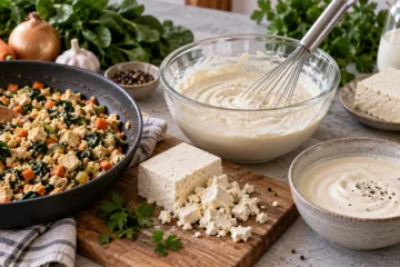 Tofu ferme, tofu émietté et tofu soyeux illustrant des substitutions de viande, œuf et crème