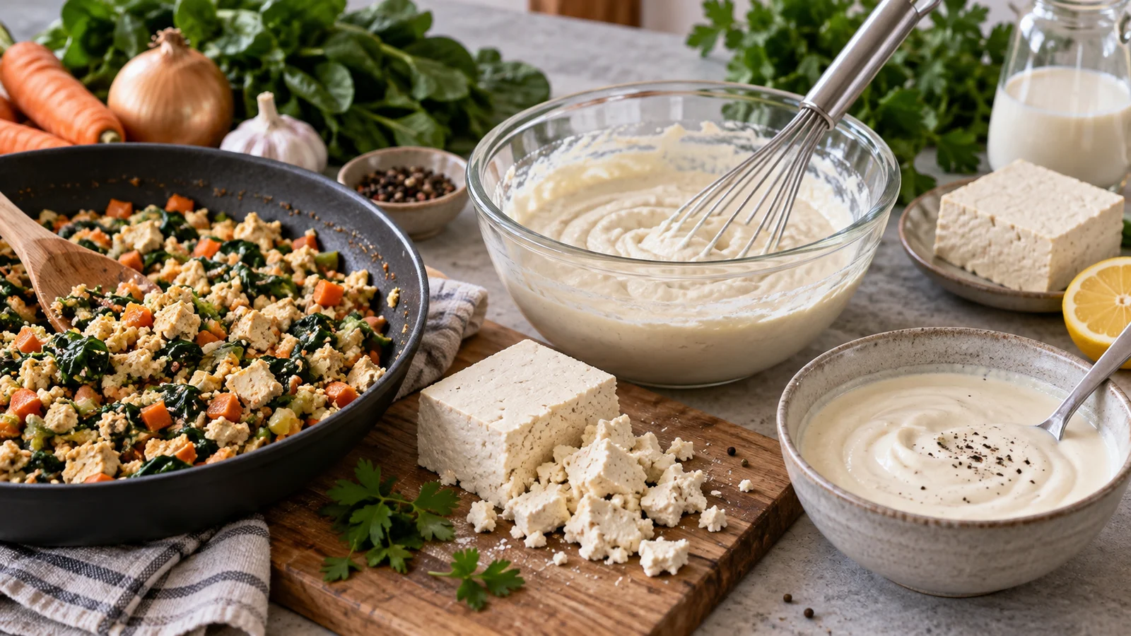 Tofu ferme, tofu émietté et tofu soyeux illustrant des substitutions de viande, œuf et crème