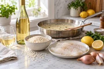 Vin blanc, riz, poisson, citron et sauce claire dans une poêle