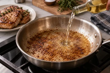 Vin versé dans une poêle pour décoller des sucs de cuisson dorés
