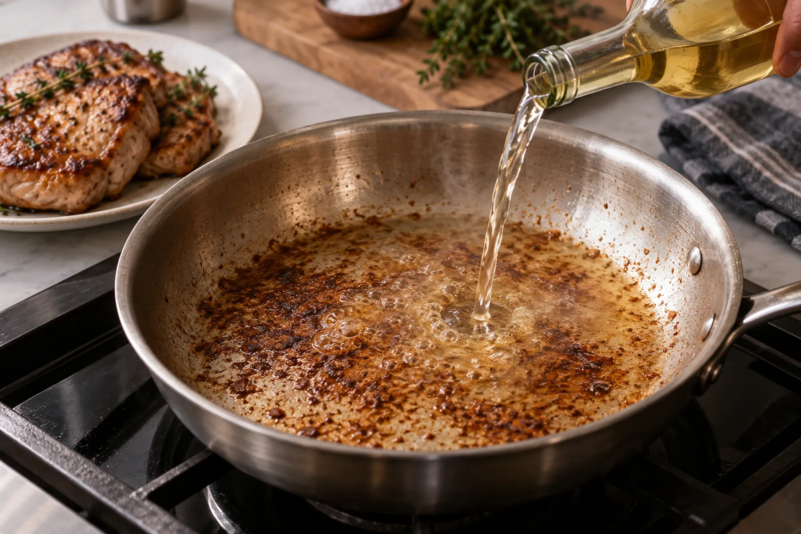 Vin versé dans une poêle pour décoller des sucs de cuisson dorés