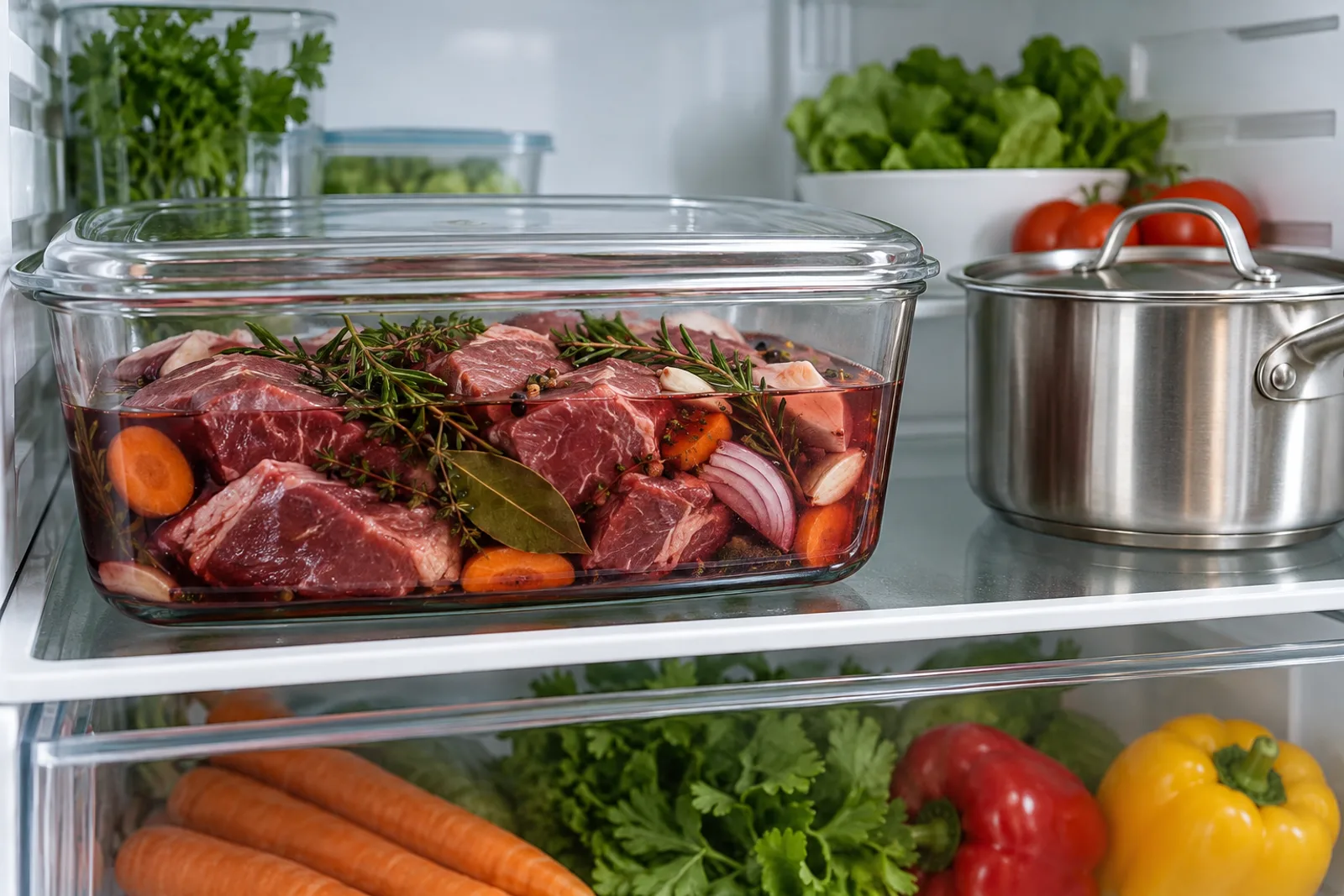 Morceaux de viande marinant au vin et aux aromates dans un récipient couvert au réfrigérateur