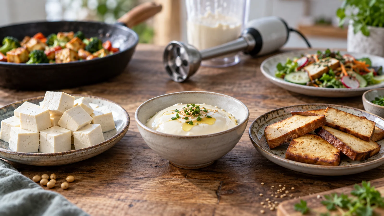 Trois textures de tofu présentées côte à côte avec leurs usages culinaires