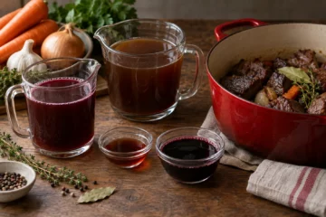 Bouillon, jus rouge et vinaigre mesurés près d'une cocotte de viande