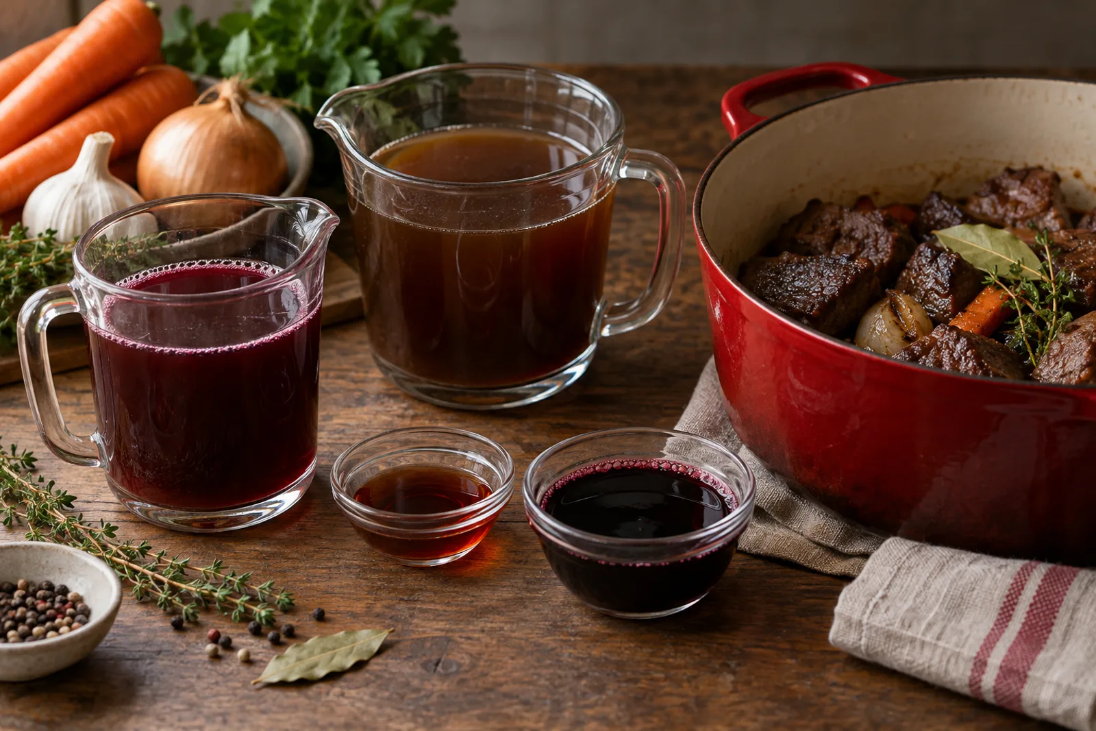 Bouillon, jus rouge et vinaigre mesurés près d'une cocotte de viande