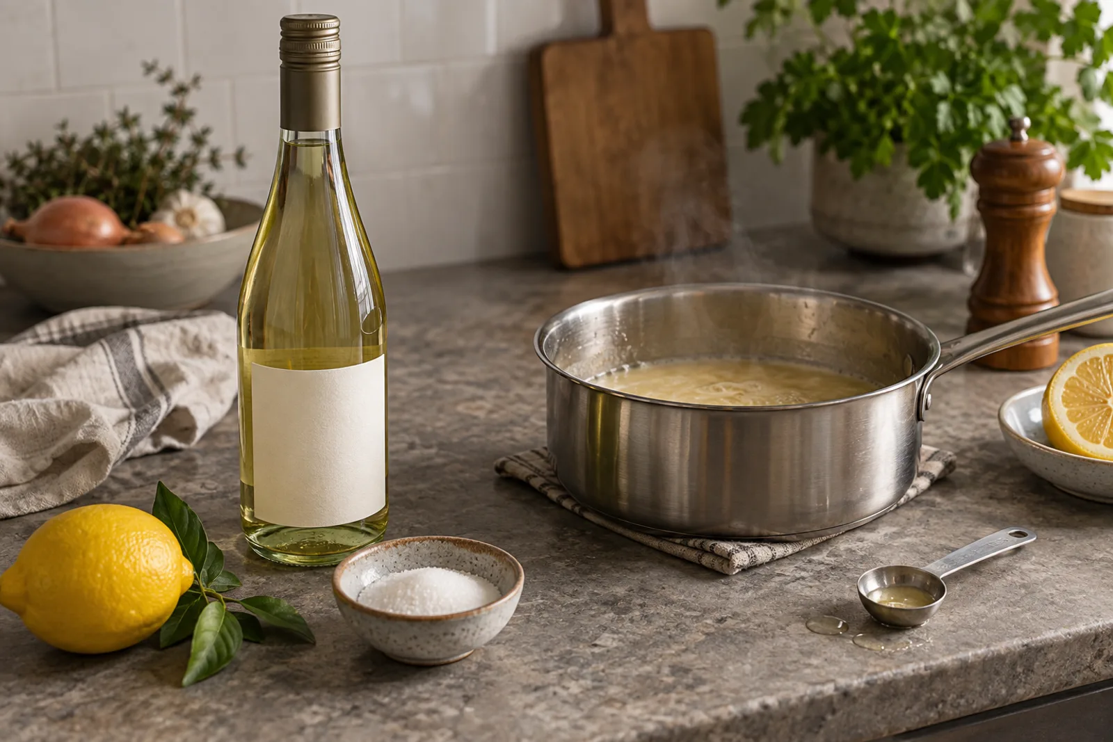 Bouteille sans étiquette près d'une sauce claire, d'un citron et d'ingrédients de correction