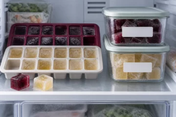 Portions congelées de vin rouge et blanc dans des bacs et boîtes étiquetables
